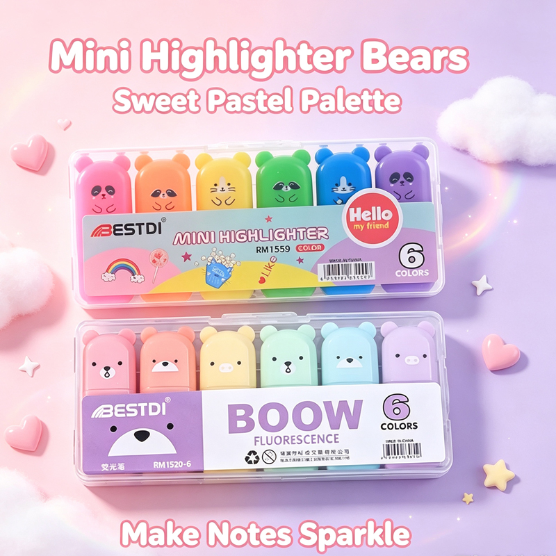 Pastel Highlighter Set Double Ended - 귀여운 곰돌이 모양의 형광펜 세트, 깜찍한