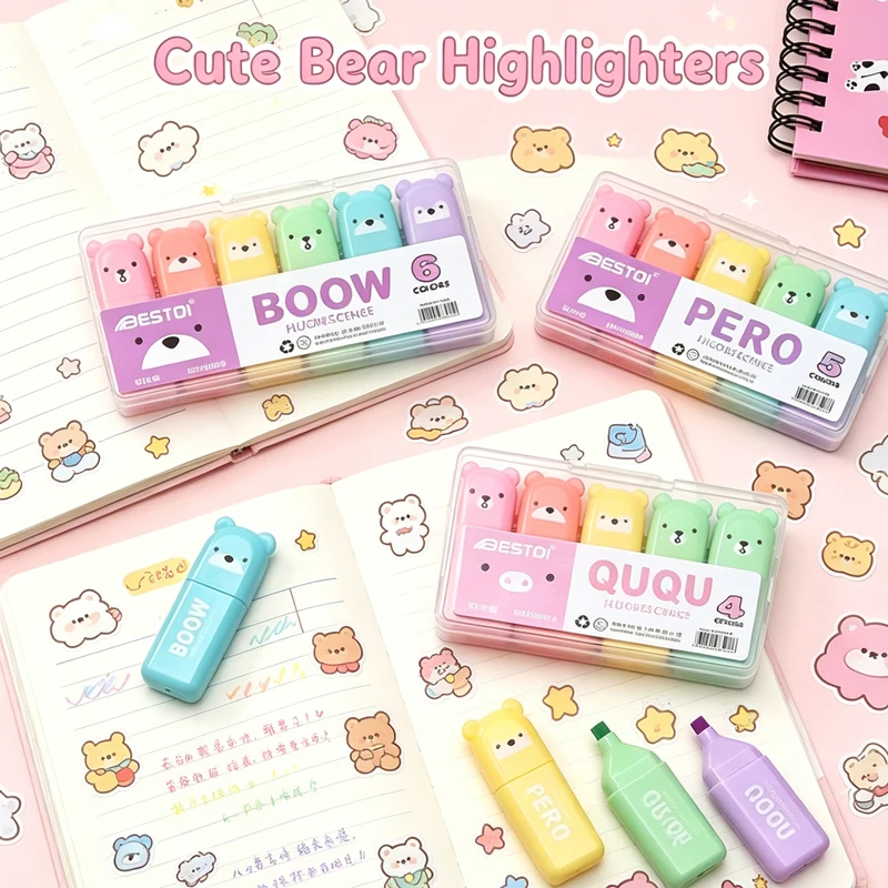 귀여운 곰돌이 모양의 형광펜 세트, 깜찍한 문구류, 사 - Pastel Highlighter Set Double Ended 리뷰 및 가격